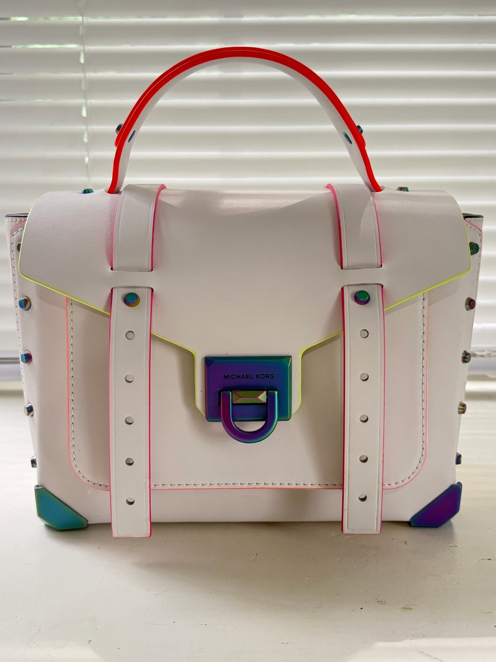 Michael Kors Manhattan Medium Optic White Neon Crossbody School Leather Satchel